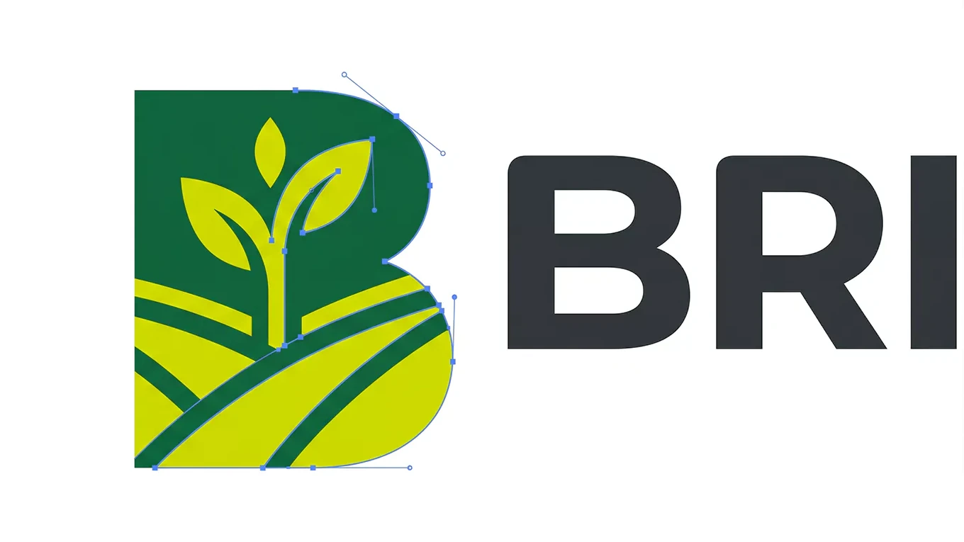 Emblème végétal du logo BRIN, avec des tracés bleus et des points d’ancrage illustrant sa reprise vectorielle.