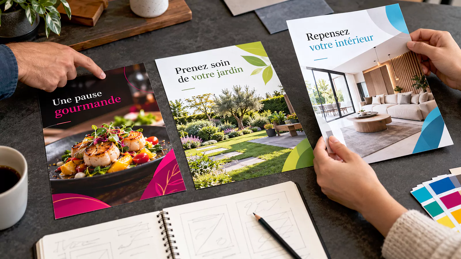 Trois exemples de flyers pour la restauration, le jardinage et l’aménagement intérieur, examinés autour d’une table.
