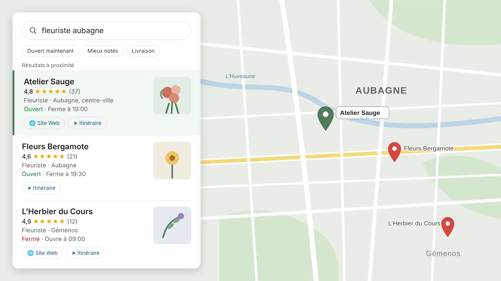Résultats locaux pour la recherche « fleuriste aubagne » : trois fleuristes avec leur note, leurs horaires et leur position sur une carte d’Aubagne ; deux d’entre eux affichent un bouton Site Web.