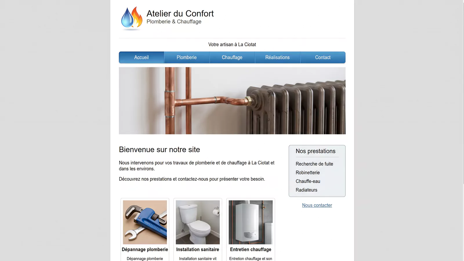 Ancienne page d’accueil du site Atelier du Confort, avec menu horizontal, colonne latérale et trois encadrés de services.