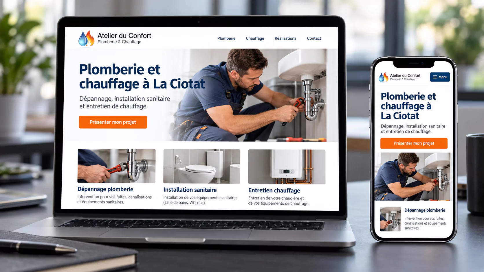 Le site Atelier du Confort présenté sur ordinateur et smartphone, avec une mise en page adaptée à chaque écran.
