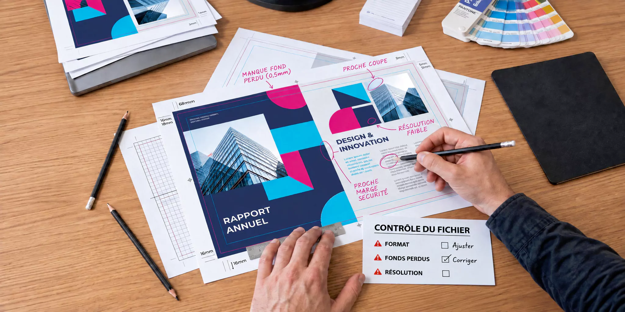 Document contrôlé avec annotations techniques et mains vérifiant un fichier refusé par l’imprimeur