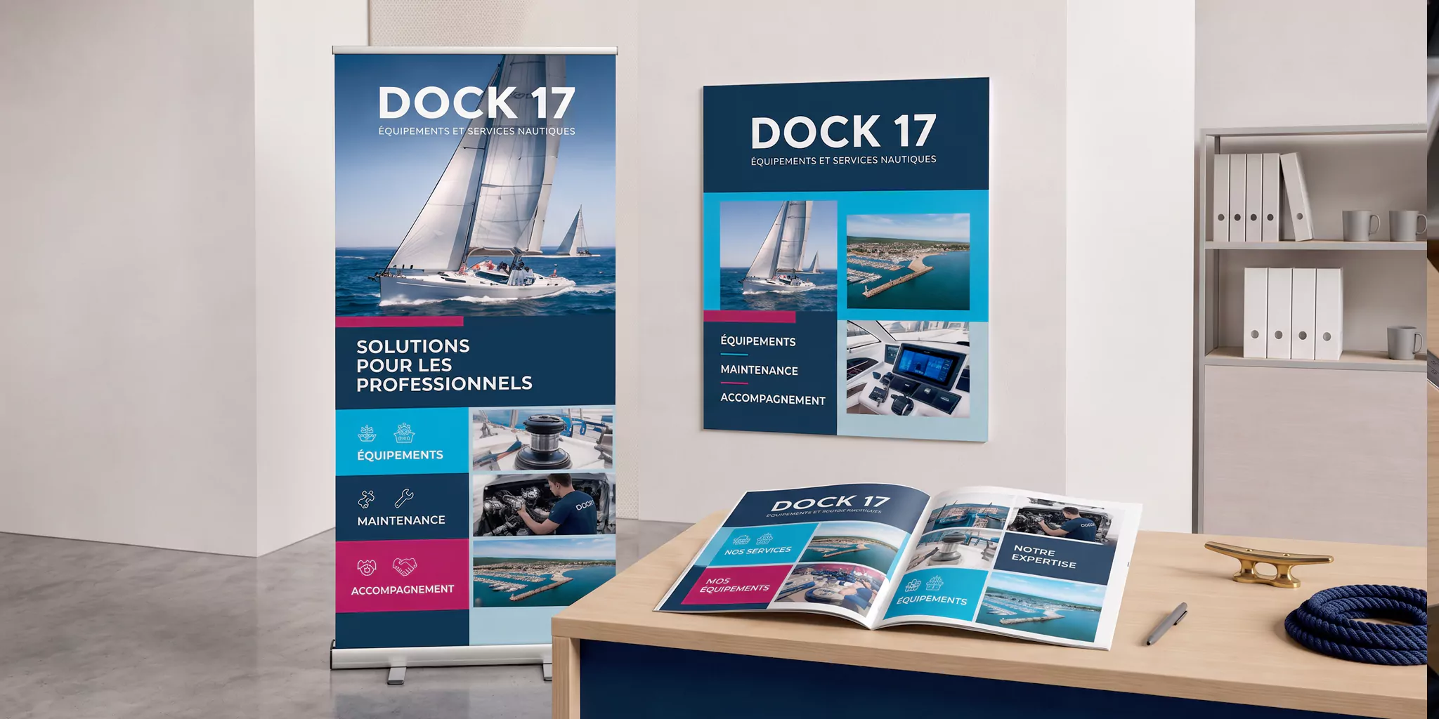 Déclinaison d’une identité visuelle sur un roll-up, une affiche et une brochure