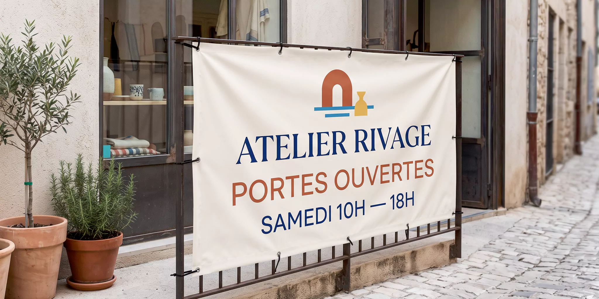 Banderole annonçant les portes ouvertes d’un atelier, installée devant sa vitrine
