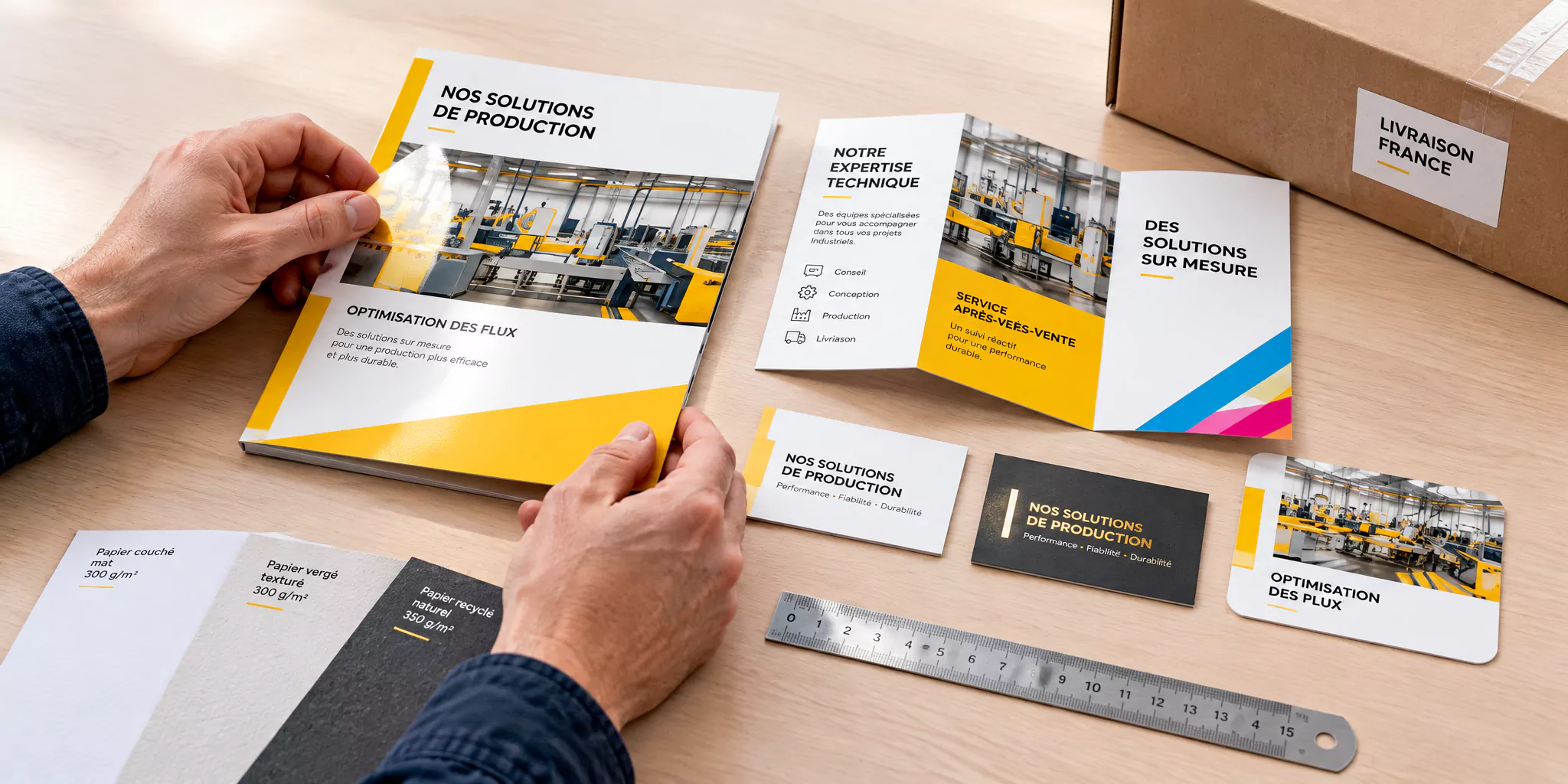 Échantillons de papiers, finitions et colis prêt pour une livraison en France