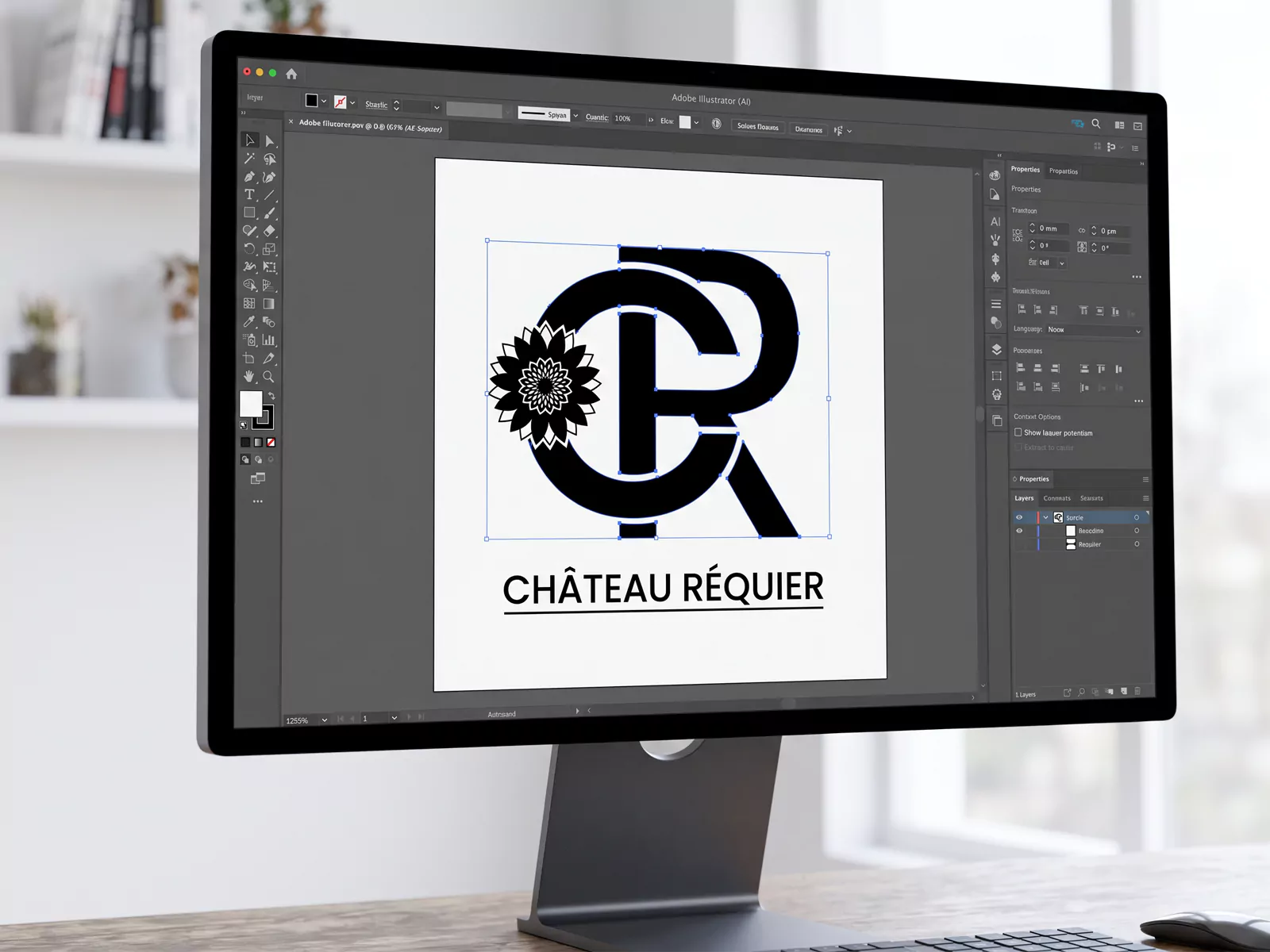 Logo Château Réquier avec monogramme CR et motif floral, présenté dans Illustrator sur un écran.
