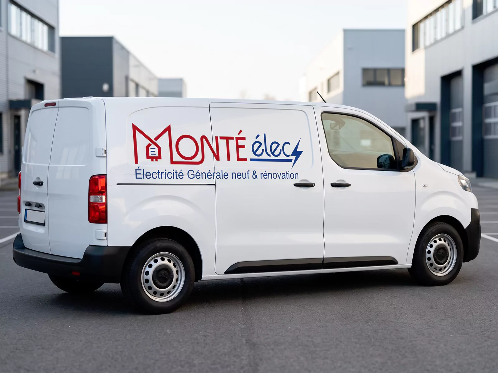 Logo Monté élec et mention de son activité appliqués sur le flanc d’un utilitaire blanc.
