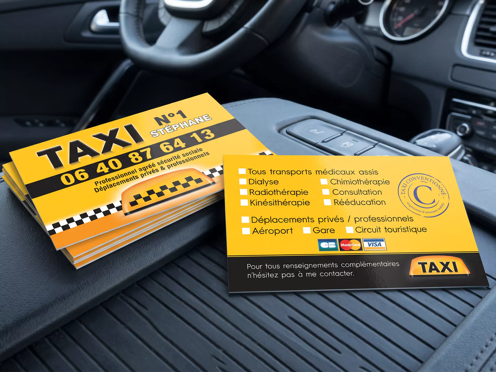 Recto et verso des cartes de visite Taxi Stéphane, mises en page et imprimées par Netcreation.