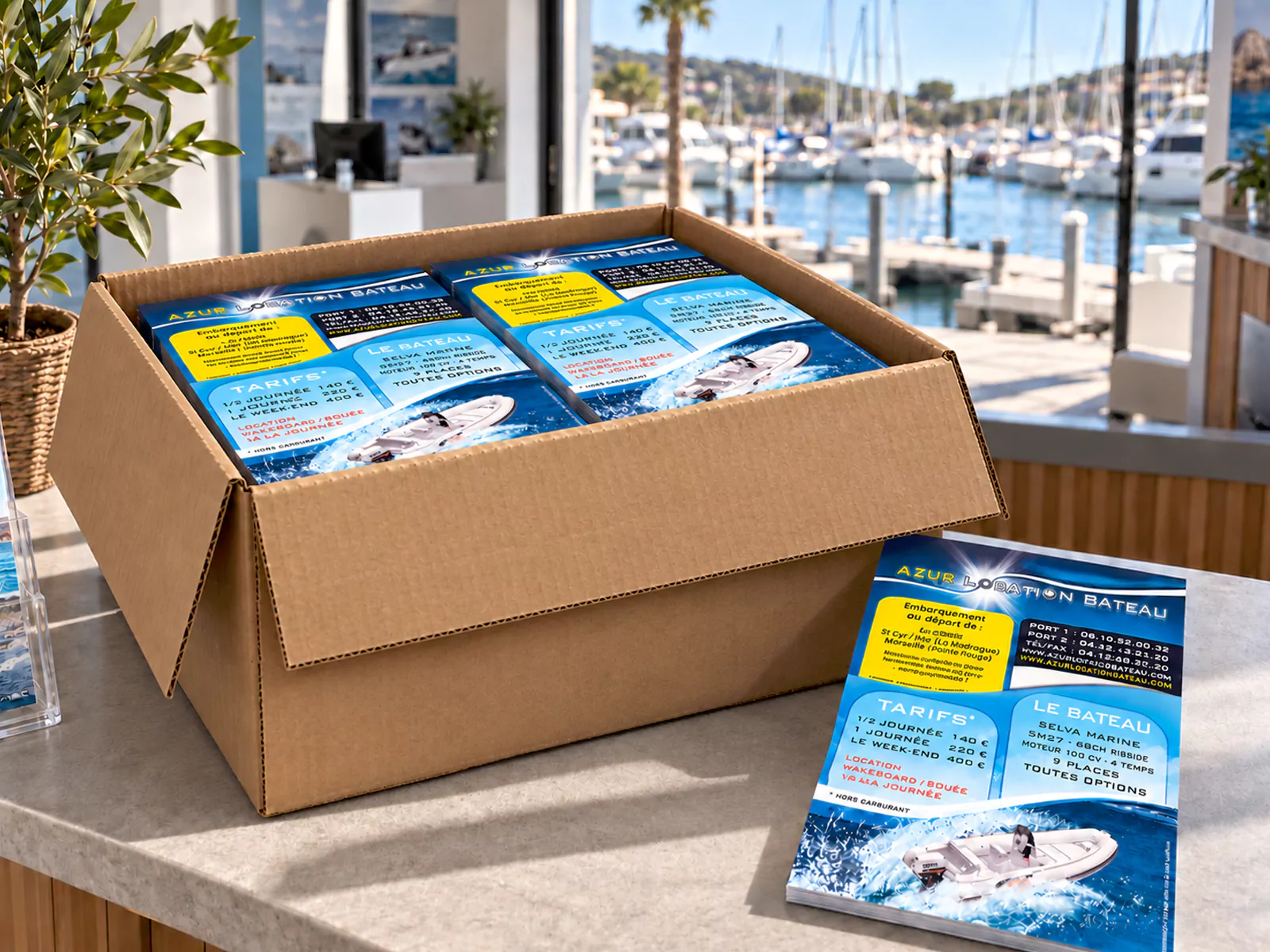 Carton de flyers Azur Location Bateau dans un accueil nautique, avec un port en arrière-plan.