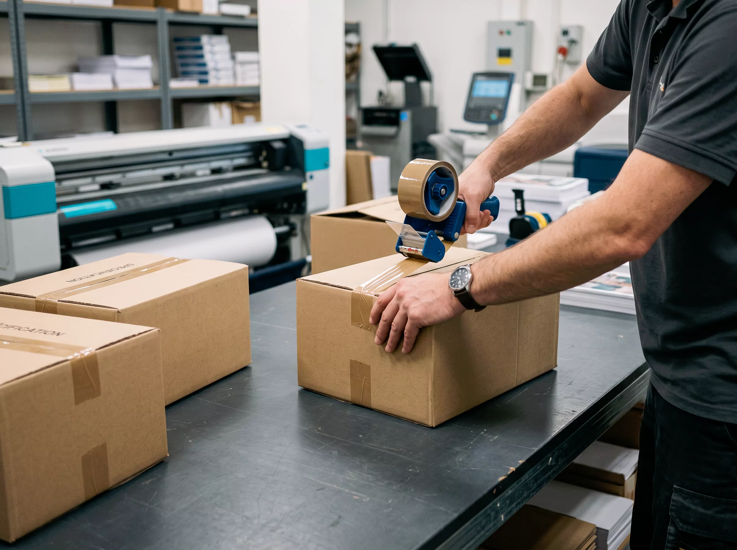 Préparation de cartons d’expédition dans un atelier d’impression.