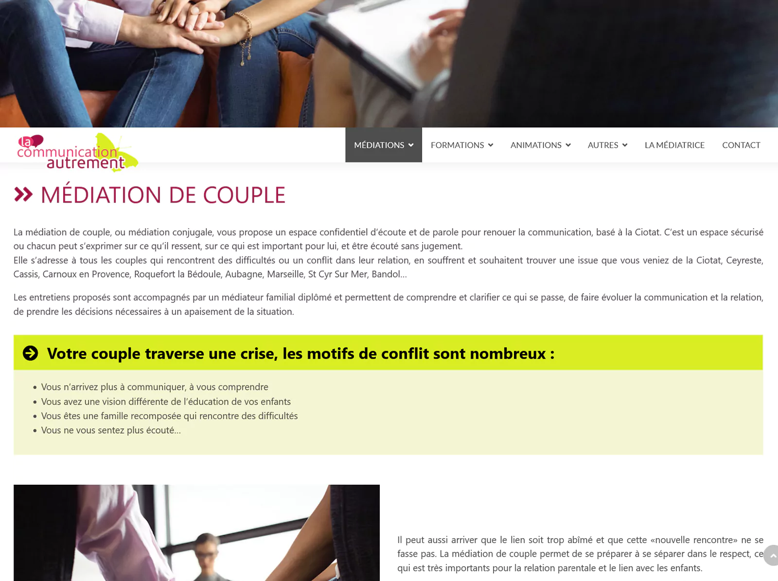 Page Médiation de couple avec présentation de l’accompagnement et exemples de situations