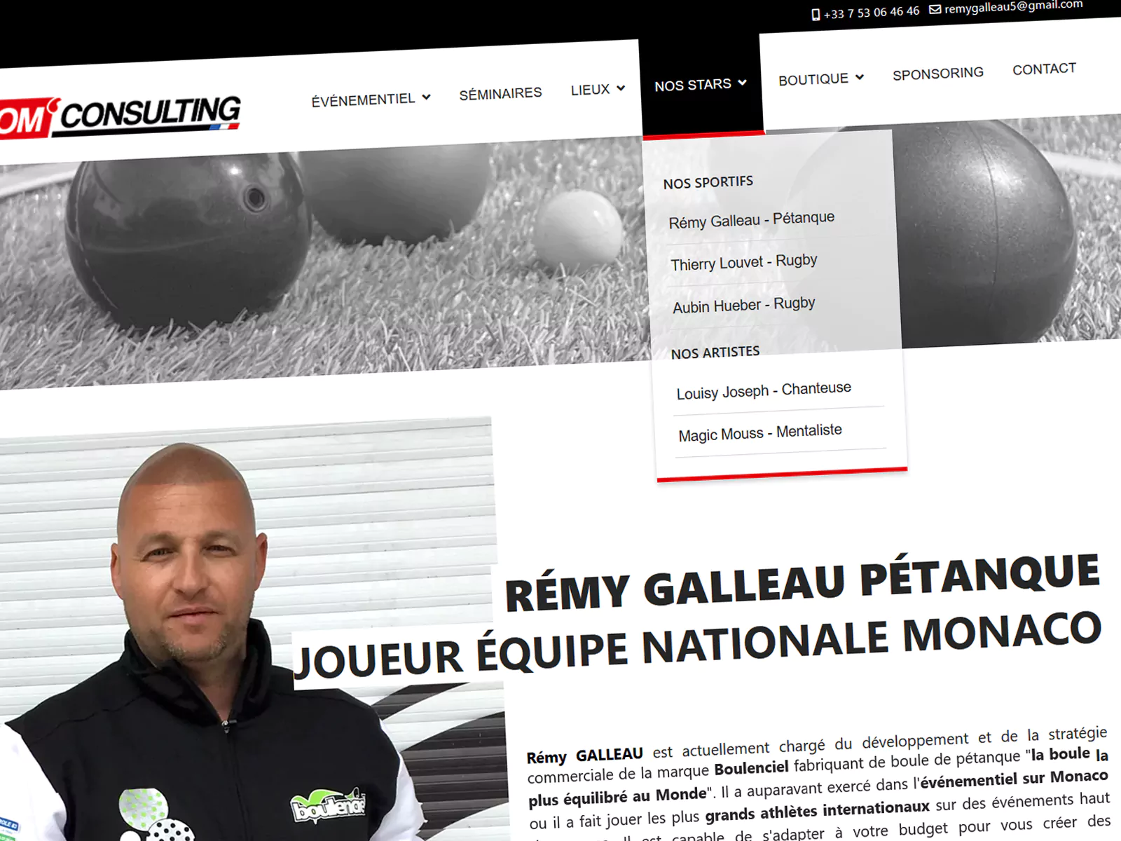Menu du site Sportcom Consulting donnant accès aux profils des sportifs et des artistes.