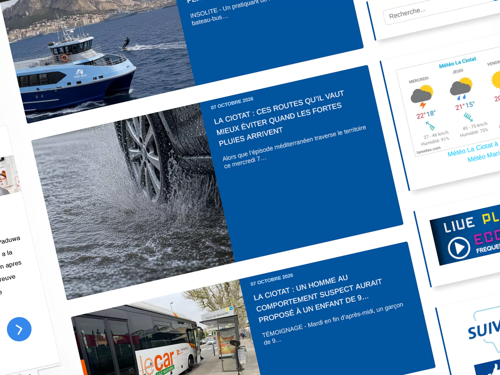 Vue rapprochée des actualités de Fréquence Nautique, avec les photographies, les titres et les résumés des articles.