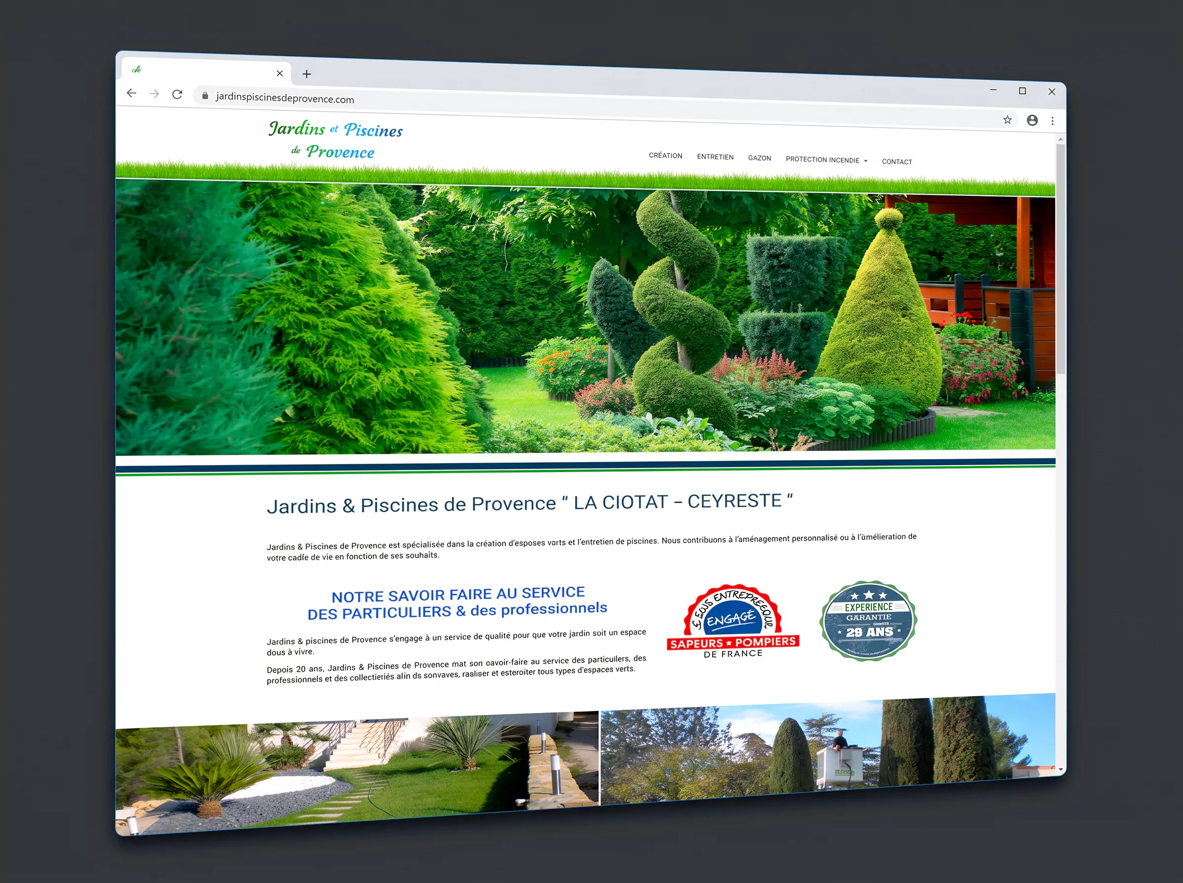 Page d’accueil du site vitrine Jardins & Piscines de Provence, entreprise située à Ceyreste, près de La Ciotat.