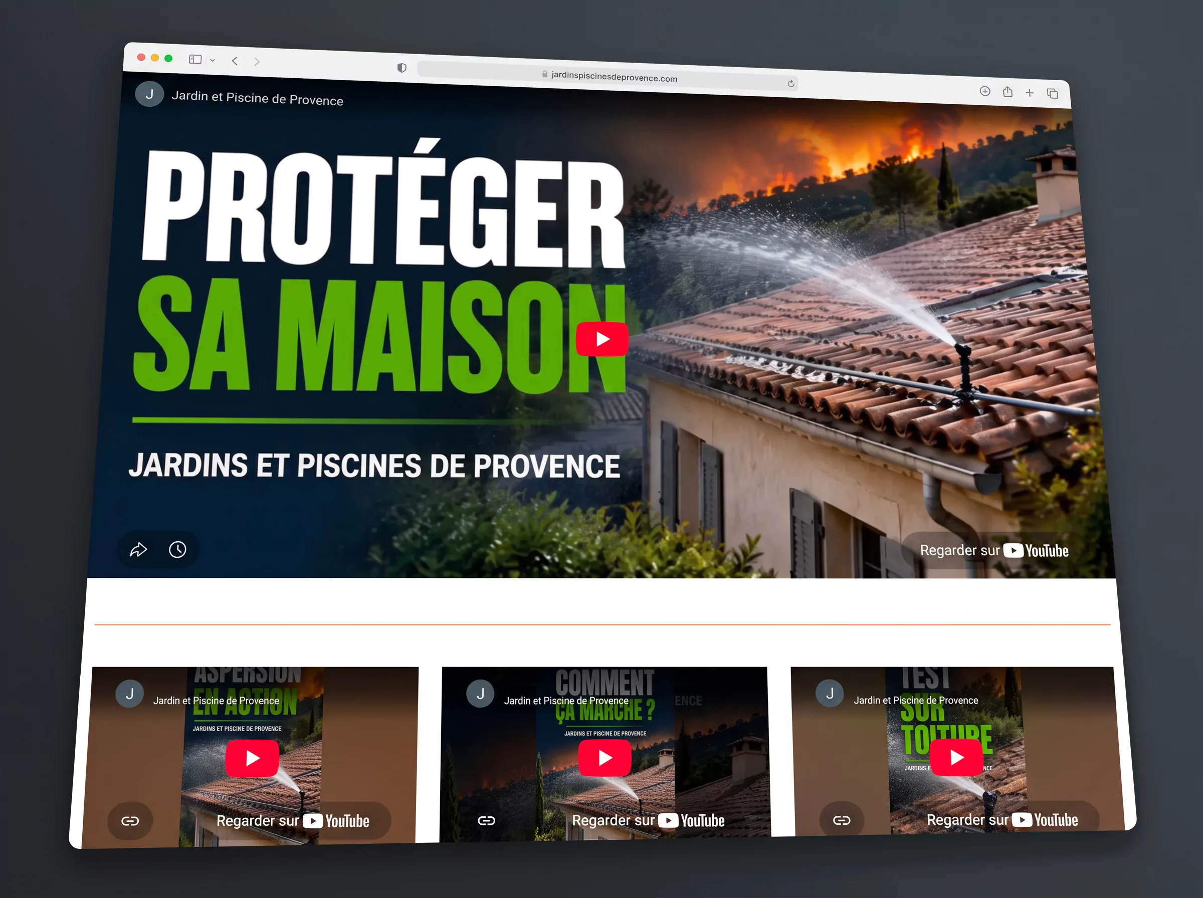 Vidéos YouTube intégrées à la page de protection incendie du site Jardins & Piscines de Provence.