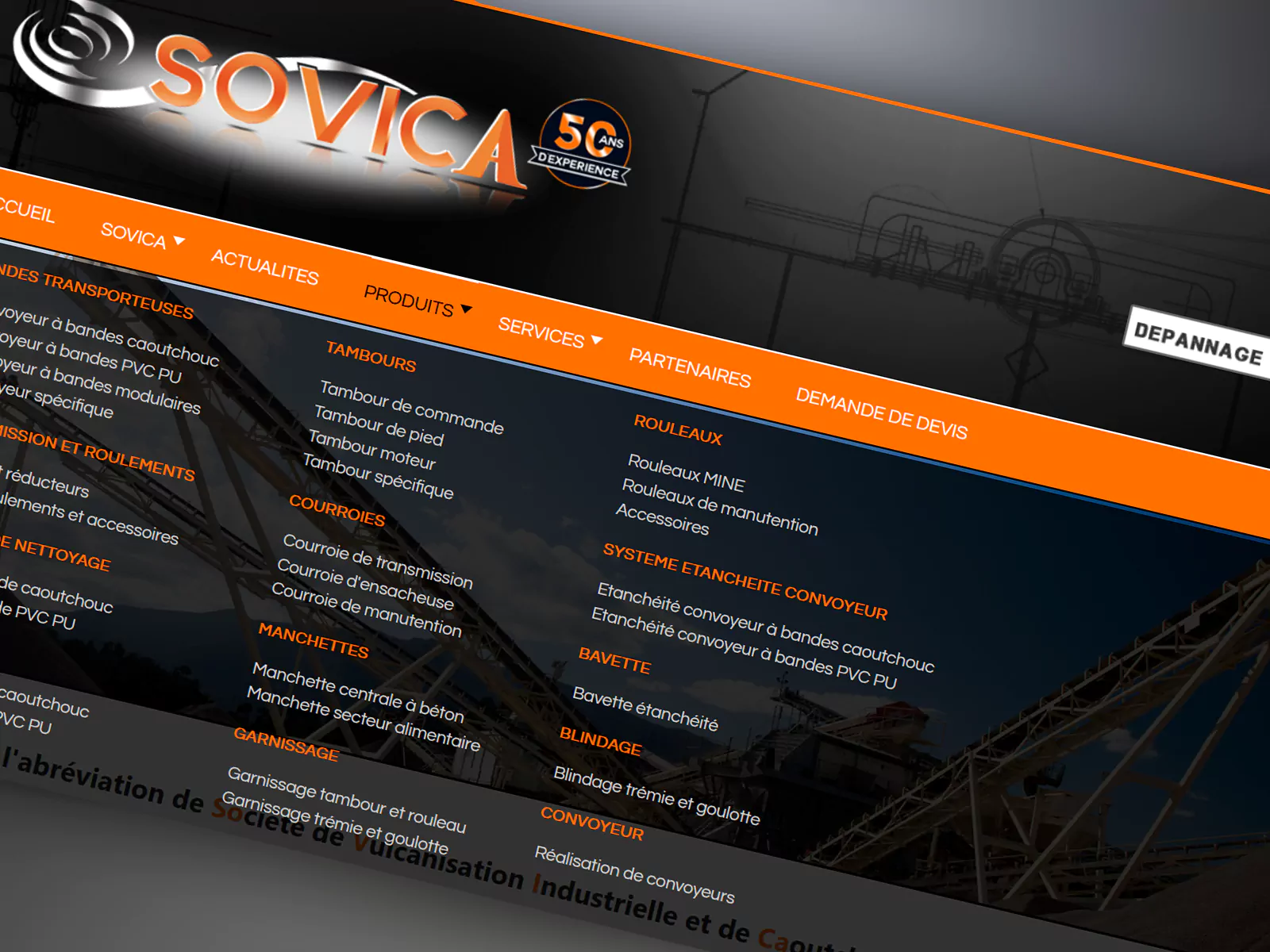 Mégamenu du site Sovica présentant les familles de produits pour les convoyeurs et les bandes transporteuses.