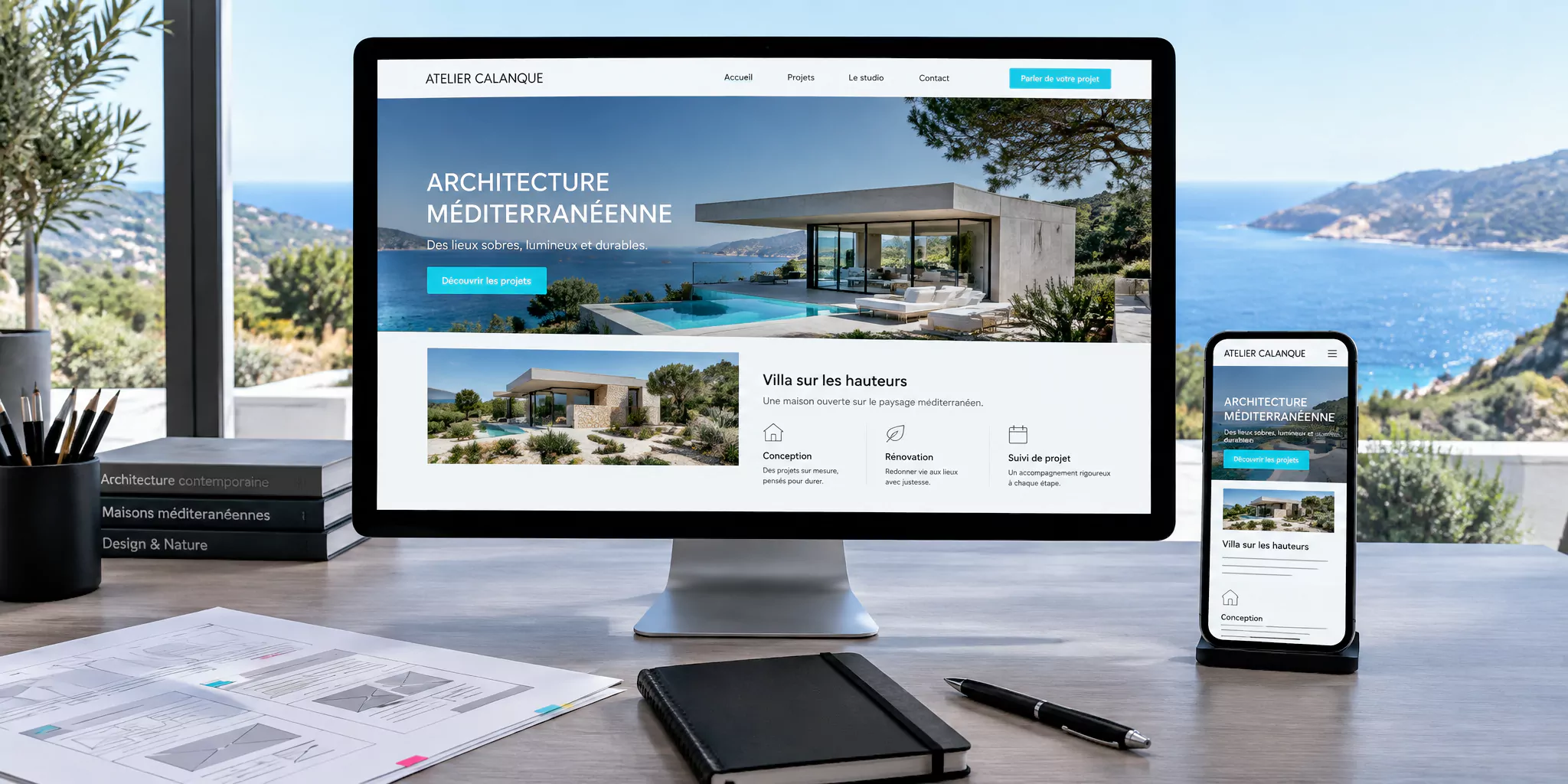 Site vitrine d’un cabinet d’architecture affiché sur un écran et un smartphone