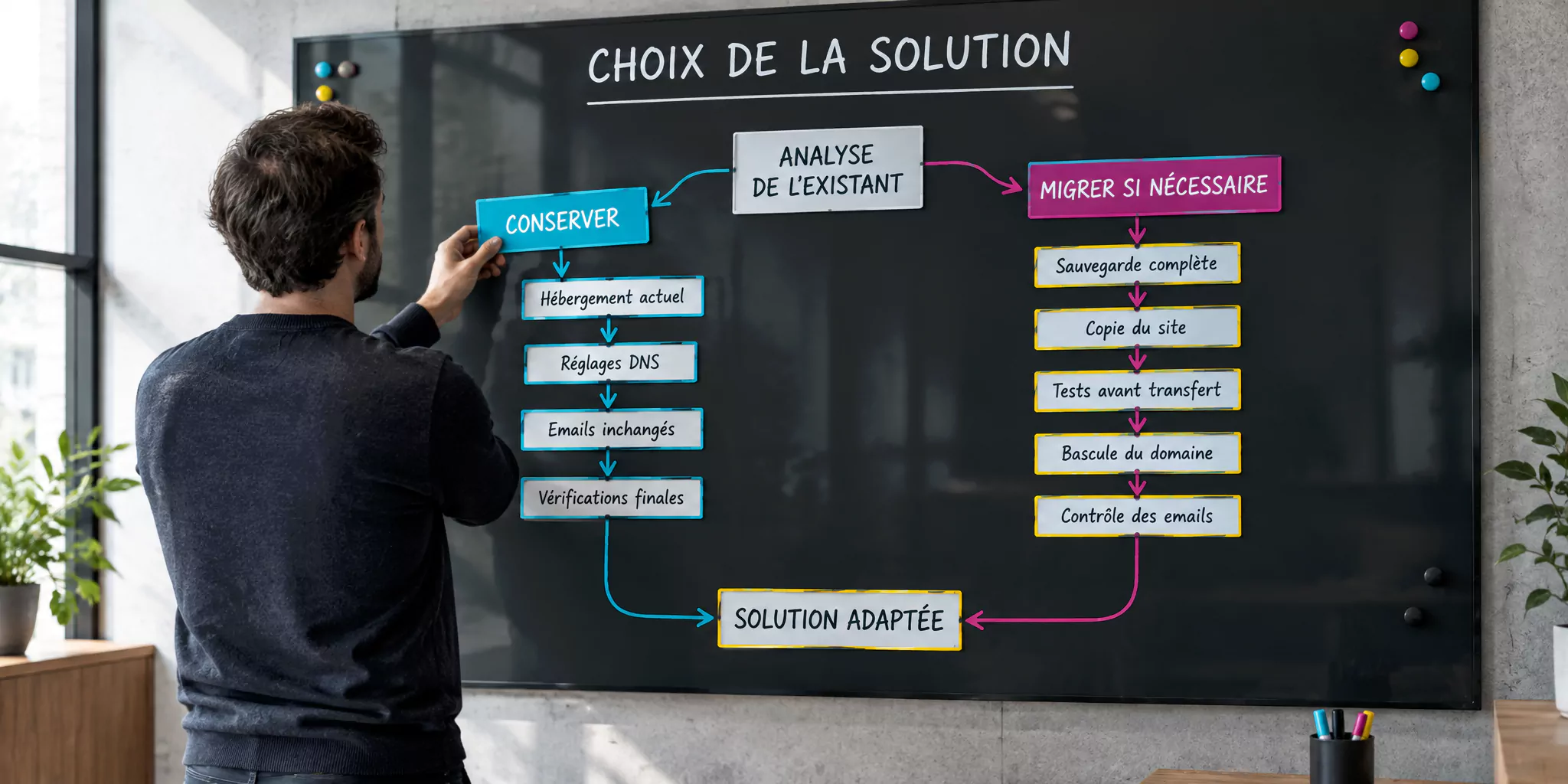 Schéma du choix entre conserver l’hébergement actuel d’un site Internet ou migrer vers une nouvelle solution