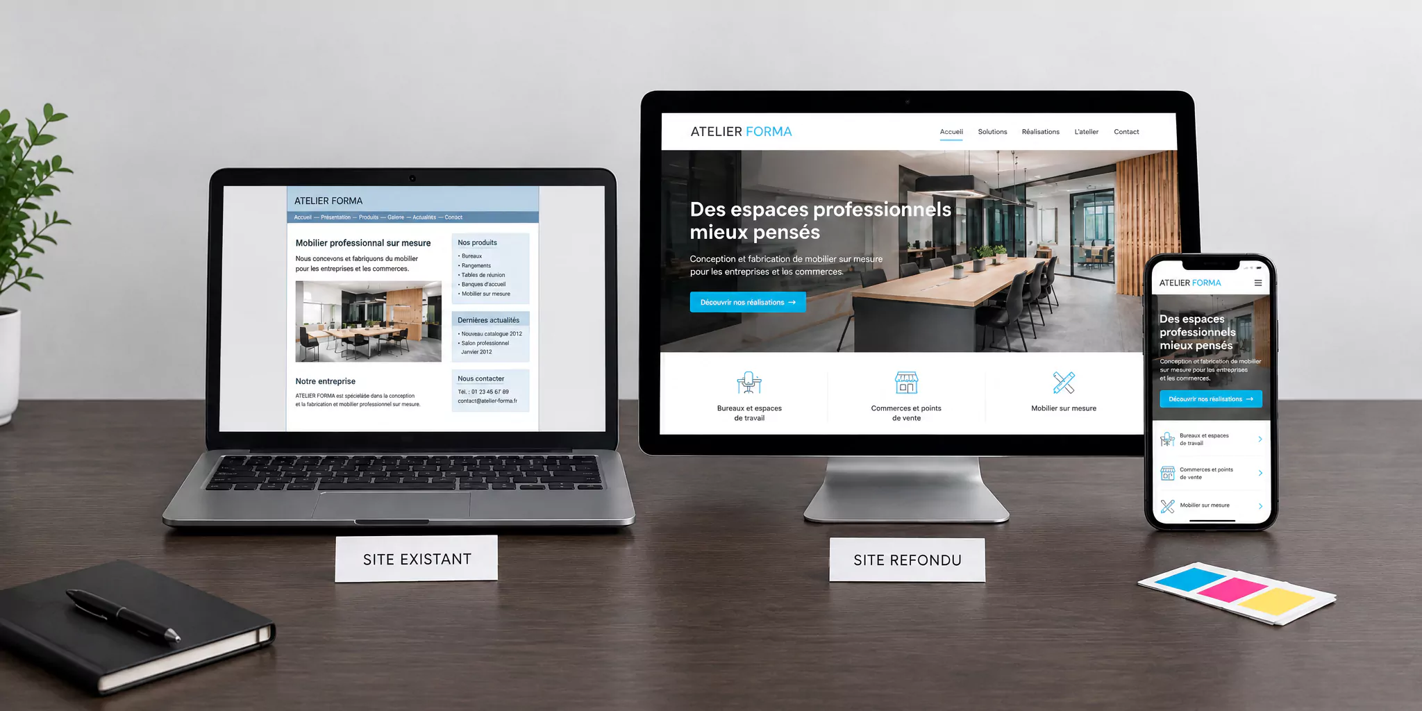 Comparaison entre un site Internet ancien et sa version refondue sur ordinateur et mobile
